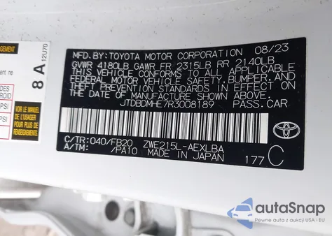 2024 Toyota Corolla Hybrid Le z USA, uszkodzony, nr VIN JTDBDMHE7R3008189